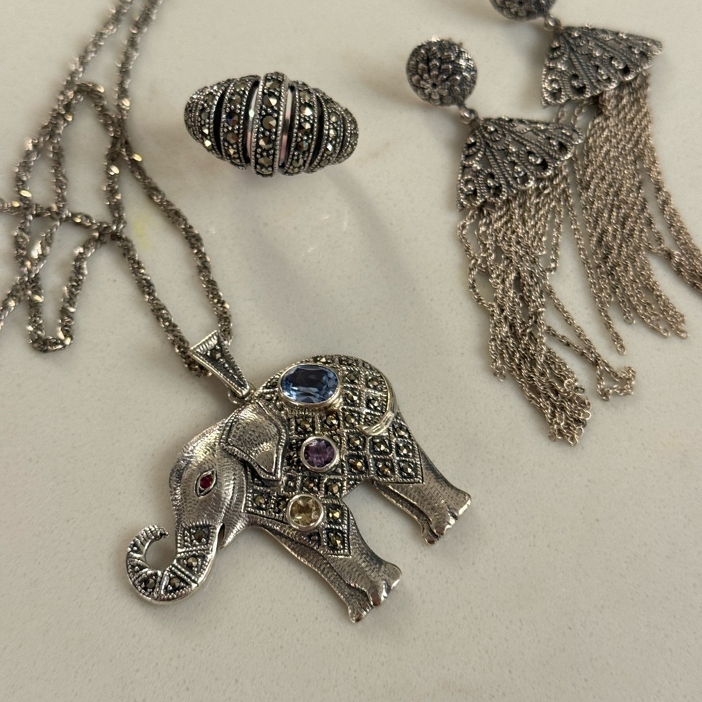 Sterling Silver Marcasite Gemstone Jewelry Set - Elephant Pendant, Ring, Earring